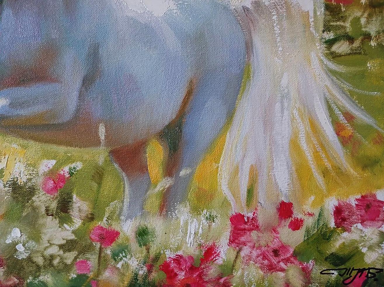 Impressionistic oil painting by Anatoly Tarabanov of blue horse with white mane amid pink flowers