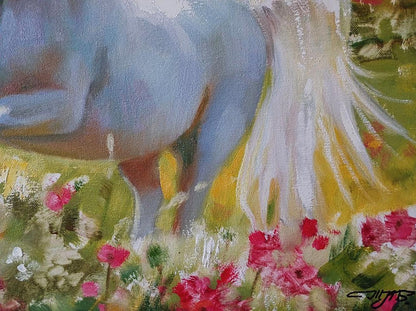 Impressionistic oil painting by Anatoly Tarabanov of blue horse with white mane amid pink flowers