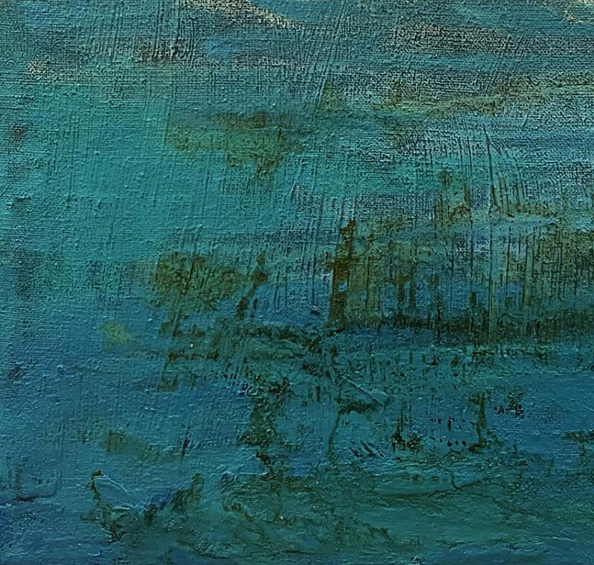 Abstract teal blue oil painting Eternal by Serhiy Kovalev with brushstrokes