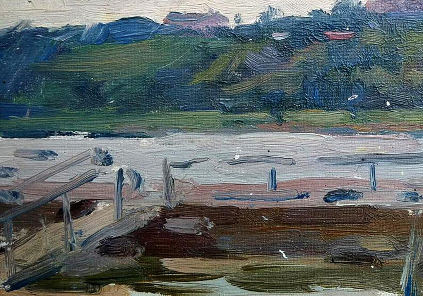 Oil painting of rustic pier by Yury Konovalov over calm water
