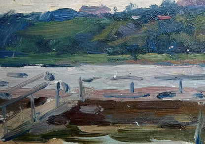 Oil painting of rustic pier by Yury Konovalov over calm water