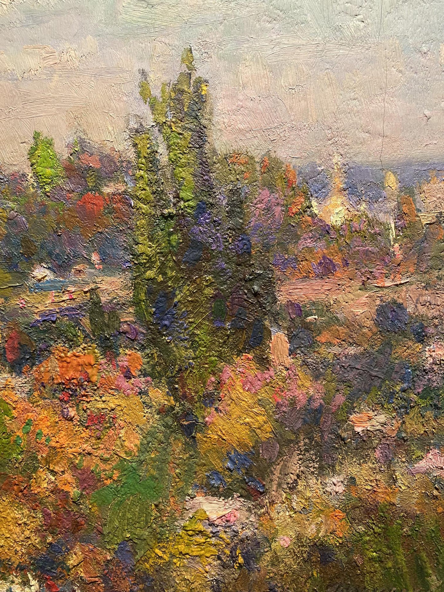 Oil painting Native Kyiv by unknown artist: vibrant green tree in colorful landscape