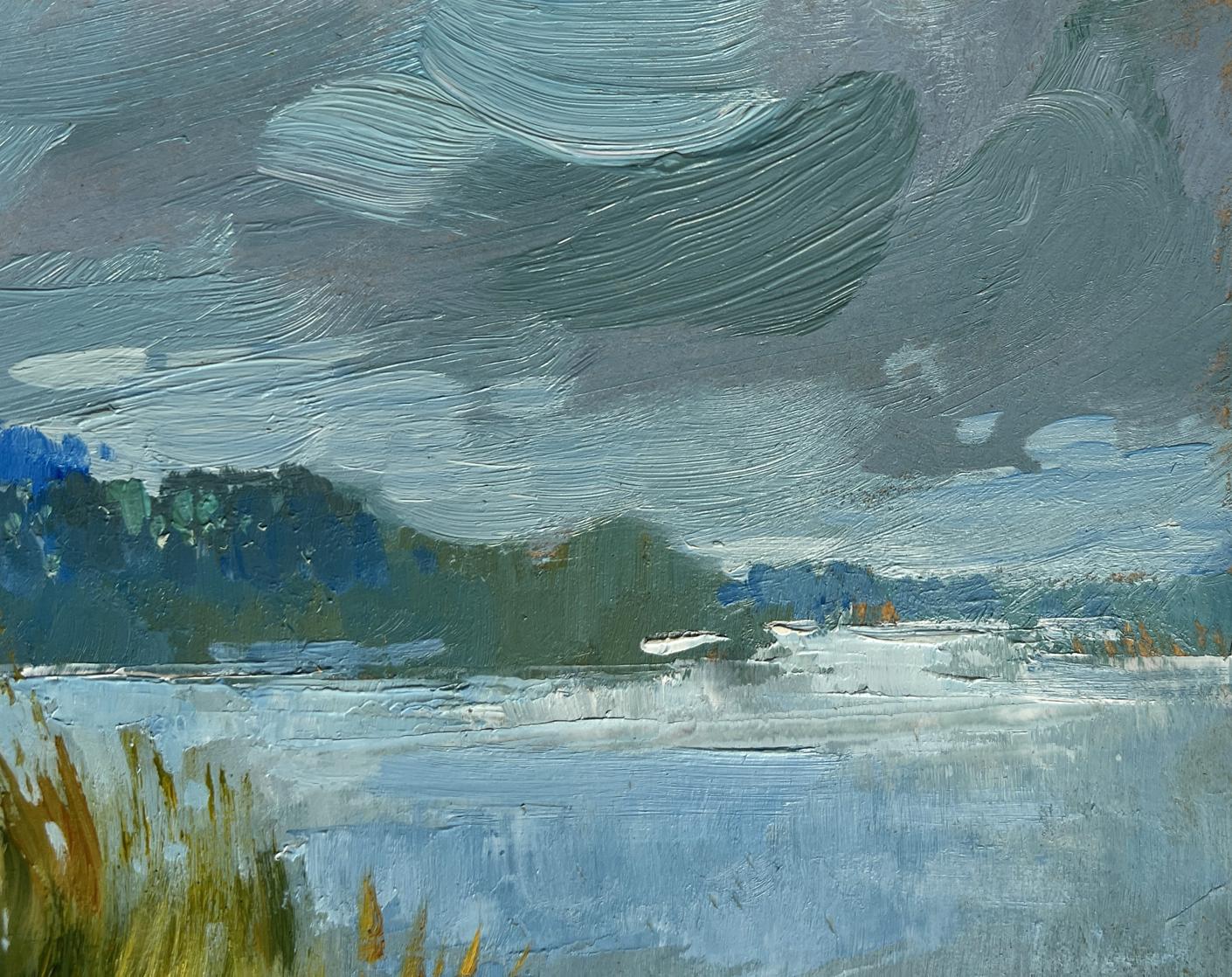 Textured oil painting of moody boat among reeds by Yuriy Suprunchuk