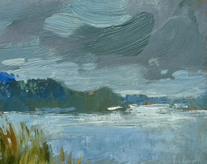 Textured oil painting of moody boat among reeds by Yuriy Suprunchuk