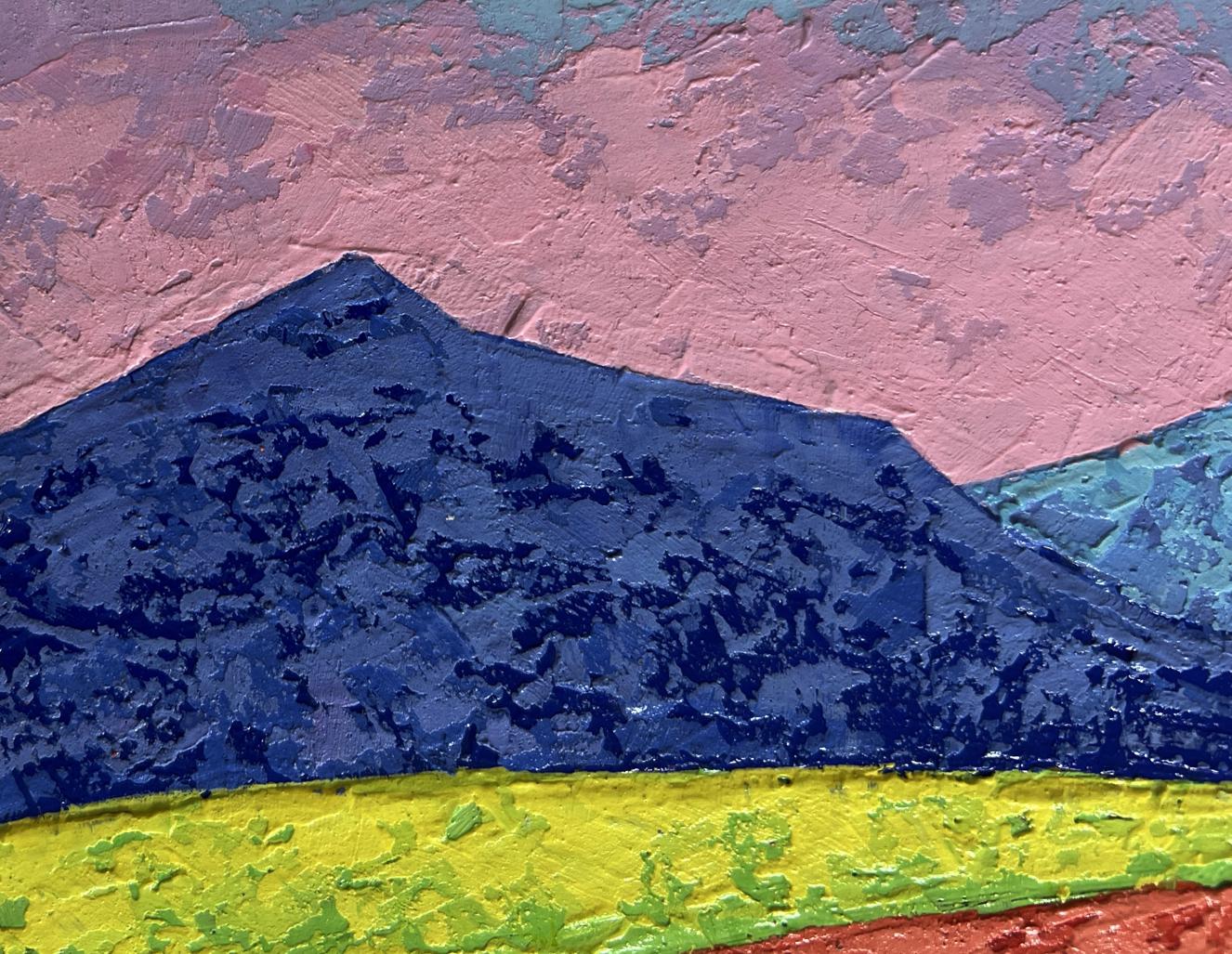 Oil painting The heart drowns in the sunset by V. Zadorozhnya, textured blue mountain