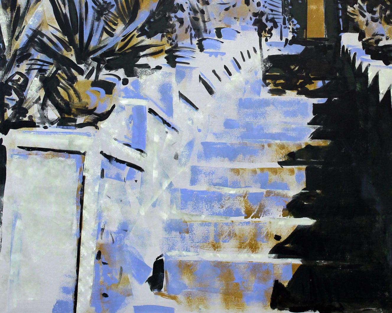 Oil painting Open Ed Potapenkov with bold blue black white brushstrokes and gold hints