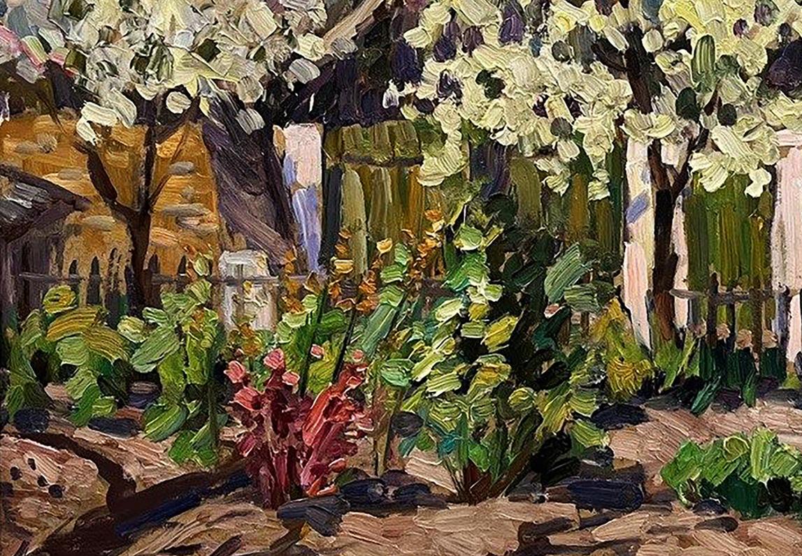 Vibrant impressionist oil painting of wild pear blossoms in yard by Petro Kolomoytsev