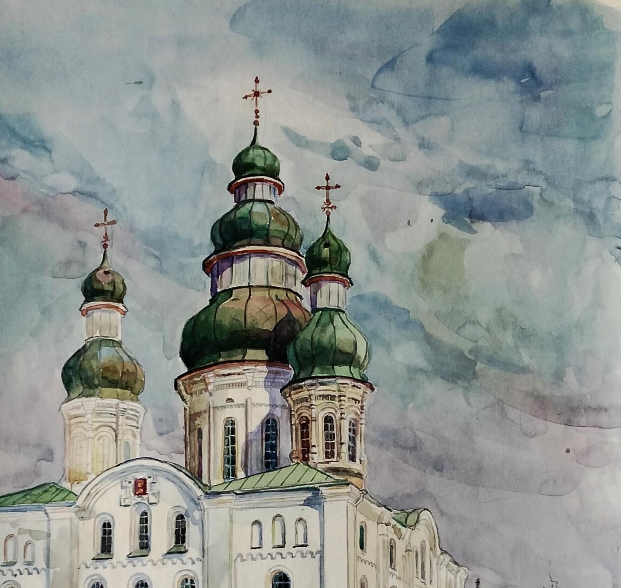 Watercolor painting of white church with green onion domes by Vitaly Duhnevich