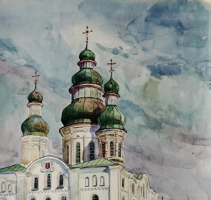 Watercolor painting of white church with green onion domes by Vitaly Duhnevich