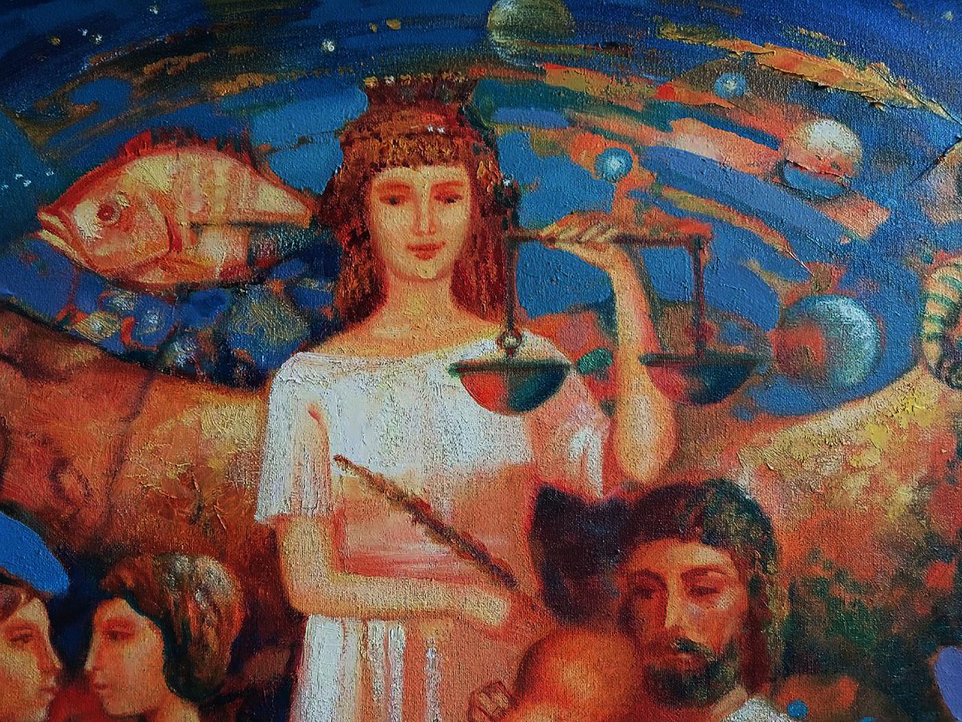 Abstract oil painting of zodiac woman in white robe holding scales and dagger by Anatoly Tarabanov