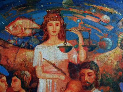 Abstract oil painting of zodiac woman in white robe holding scales and dagger by Anatoly Tarabanov