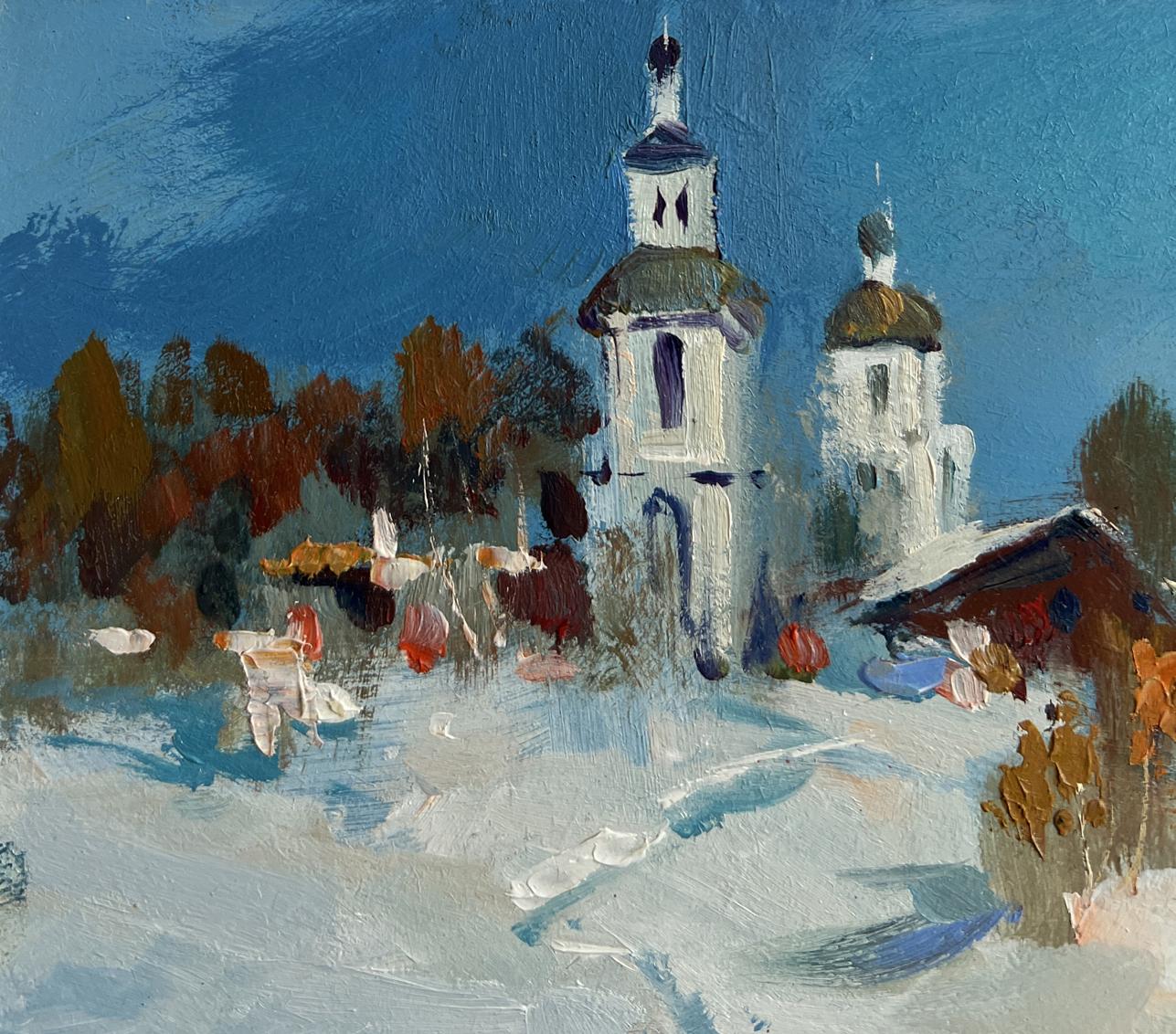 Oil painting The first snow fell by Yuriy Suprunchuk: white church in snowy landscape