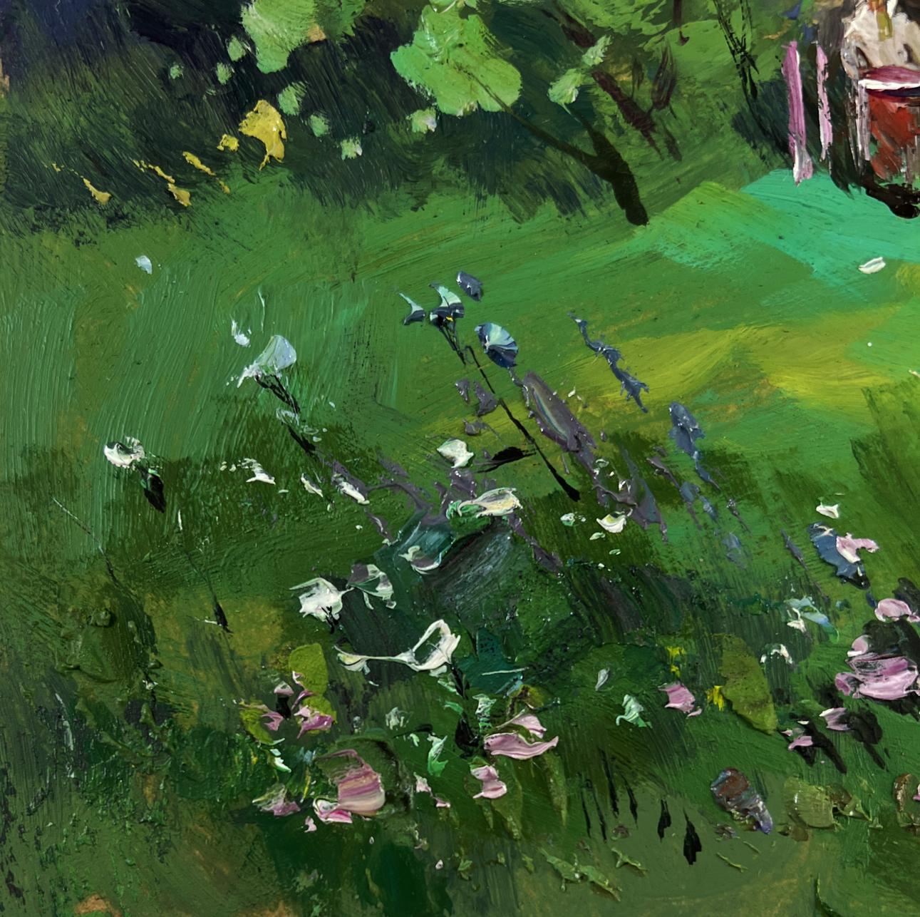 Vibrant impressionist oil painting of lonely house on green hill with flowers by Yuriy Suprunchuk