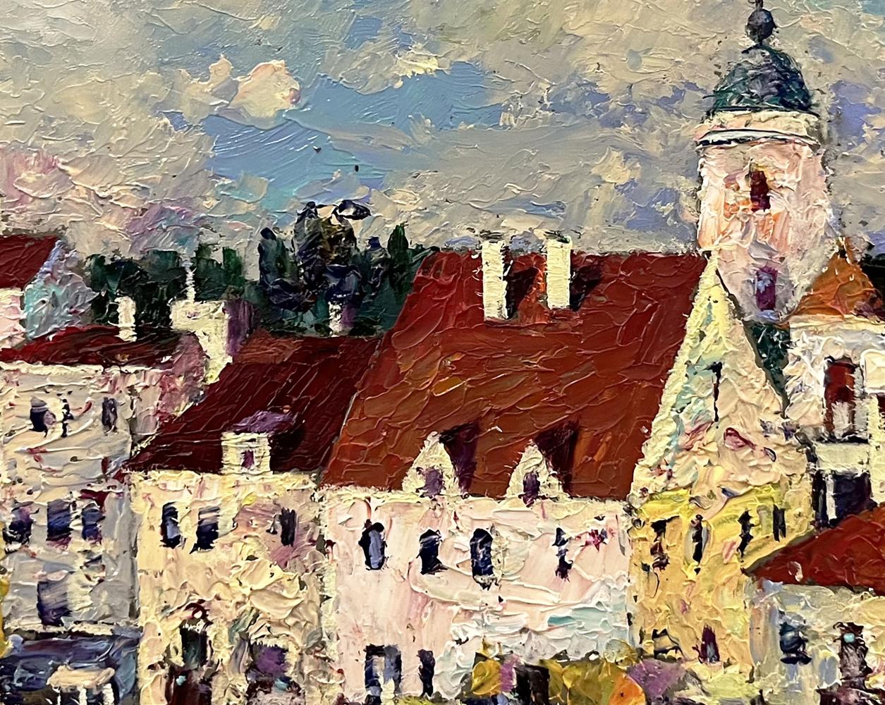 Oil painting of European city center by Serhiy Rybak with red roofs