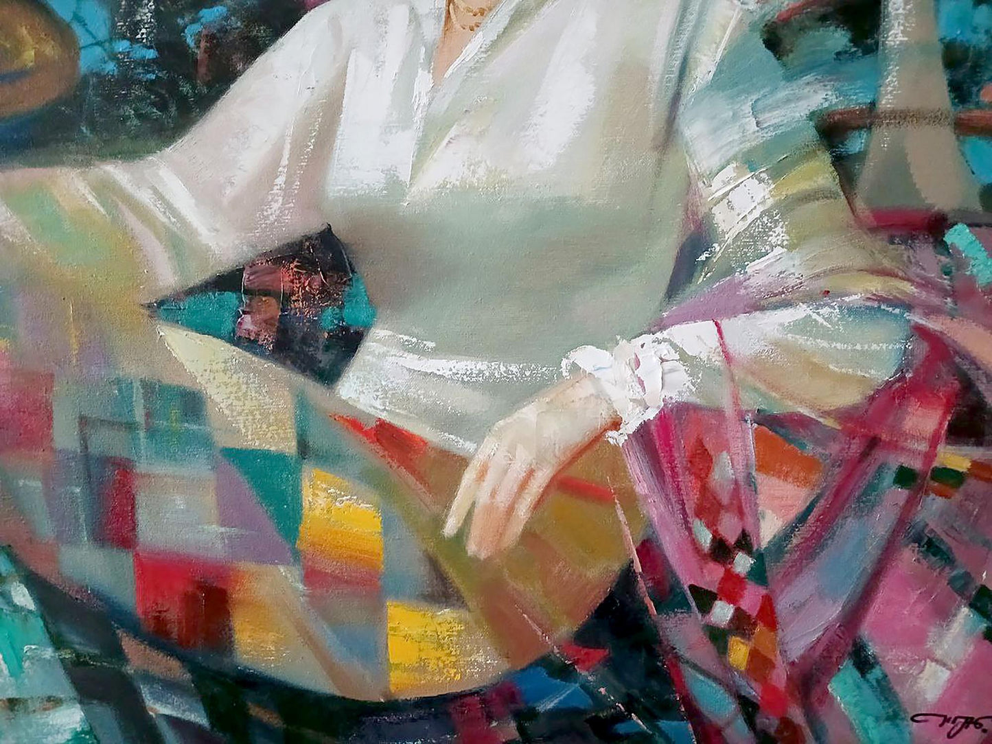 Abstract oil painting of woman in white ruffled blouse and geometric skirt by Queen Anatoly Tarabanov