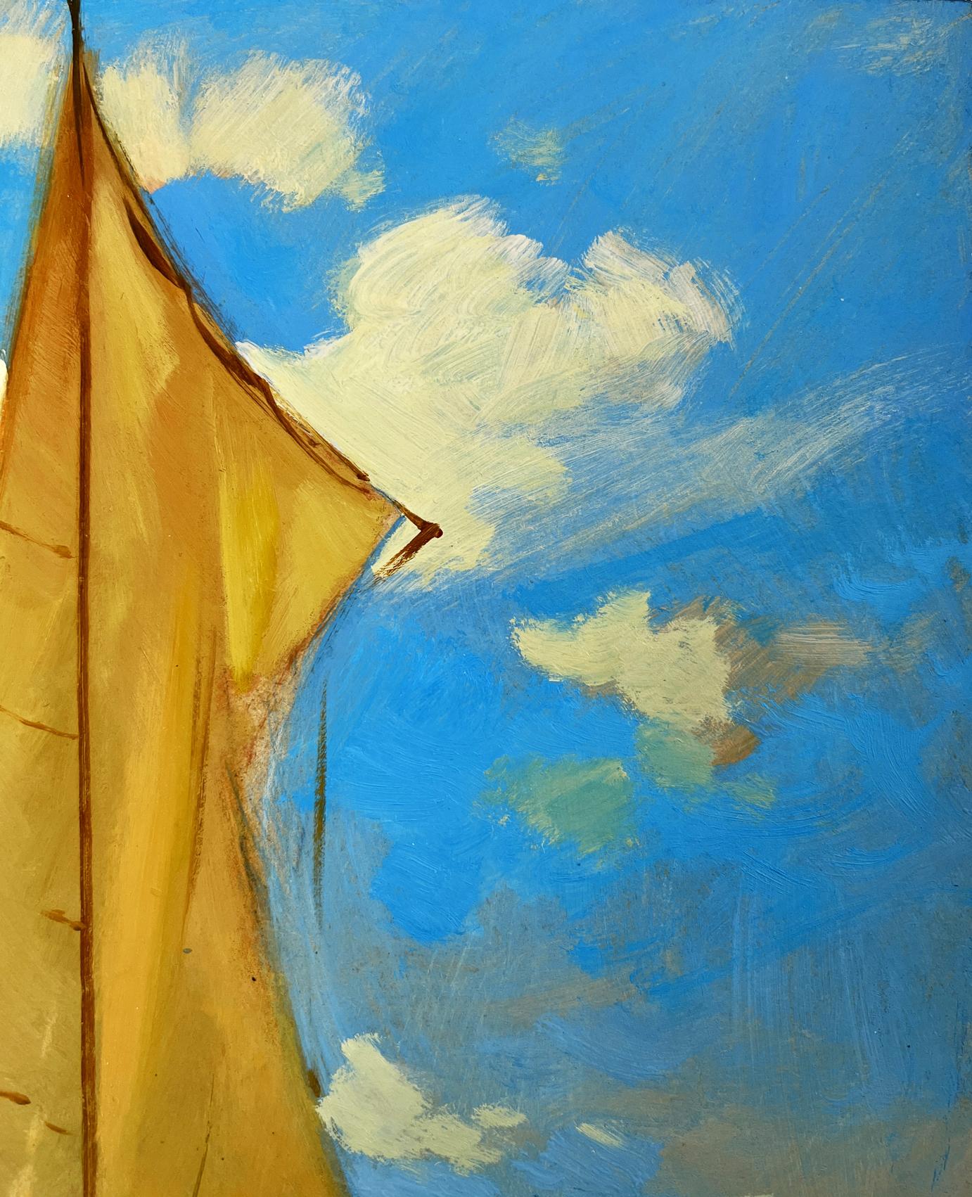 Oil painting Towards the Wind by Yuriy Suprunchuk, vibrant yellow sail against blue sky