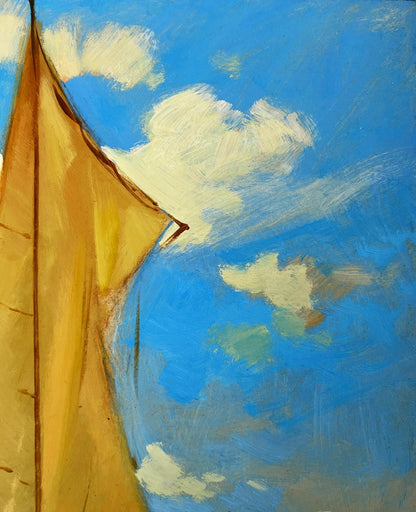 Oil painting Towards the Wind by Yuriy Suprunchuk, vibrant yellow sail against blue sky