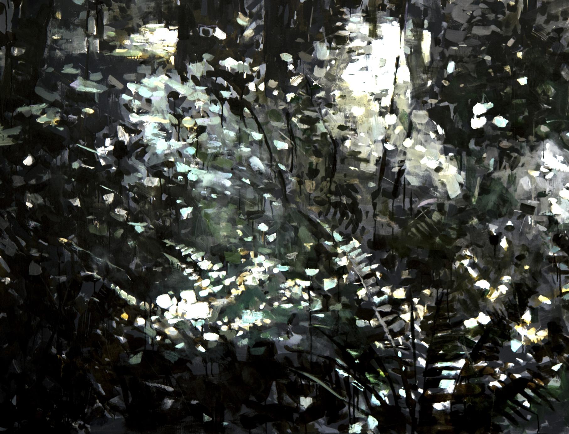 Oil painting Enlightenment by Ed Potapenkov: abstract dark green forest scene