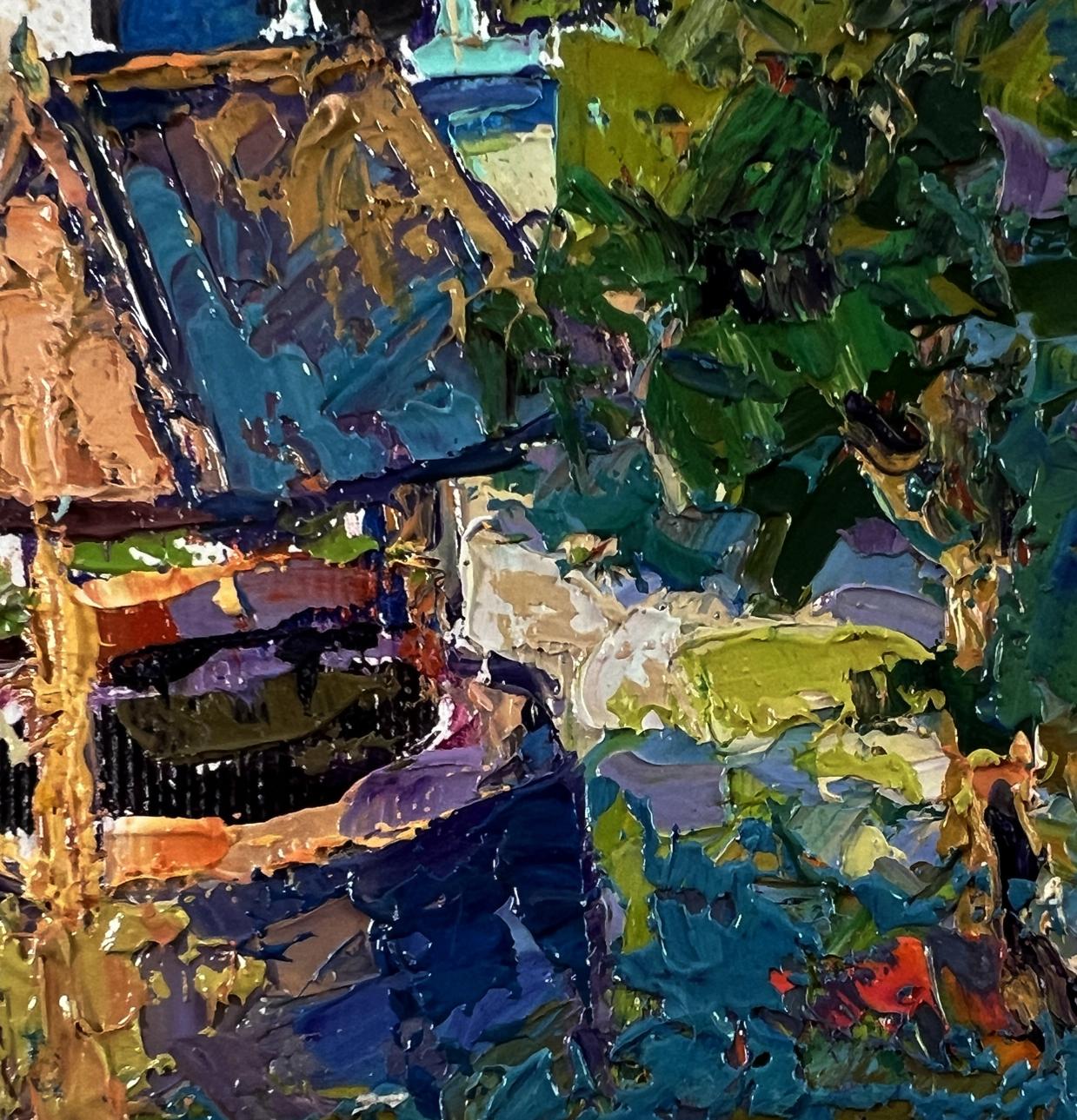Oil painting At the well in the yard by Oksana Ivanyuk with lush foliage