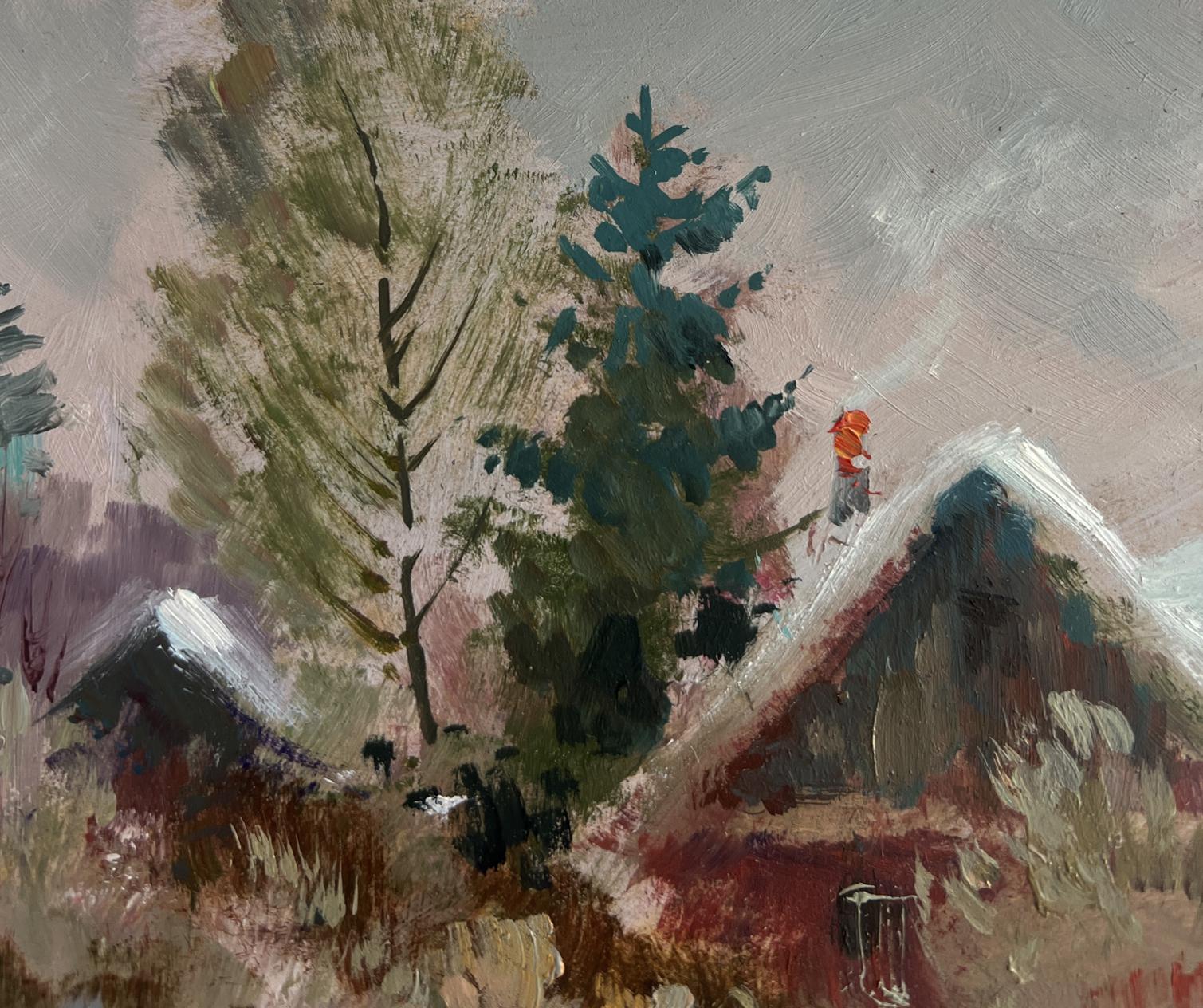 Whimsical oil painting of snowy village by Yuriy Suprunchuk