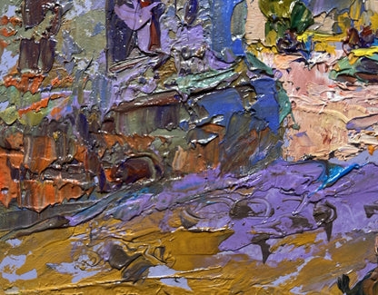Impasto oil painting Quiet city street by Oleksiy Ivanyuk in purple blue orange gold