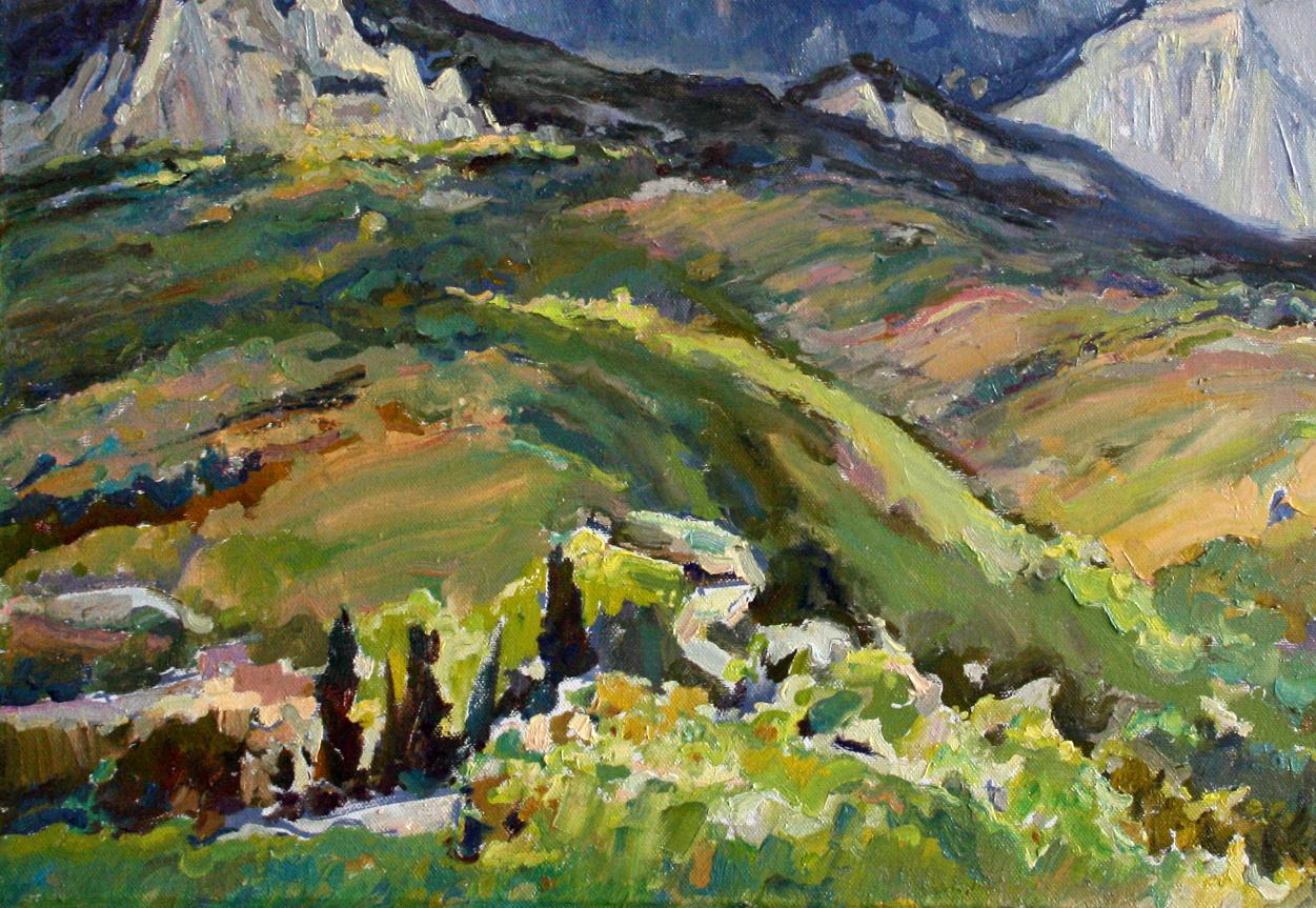 Vibrant Leonid Pavlenko oil painting of green hills, cypress trees, mountains