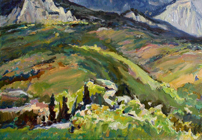 Vibrant Leonid Pavlenko oil painting of green hills, cypress trees, mountains