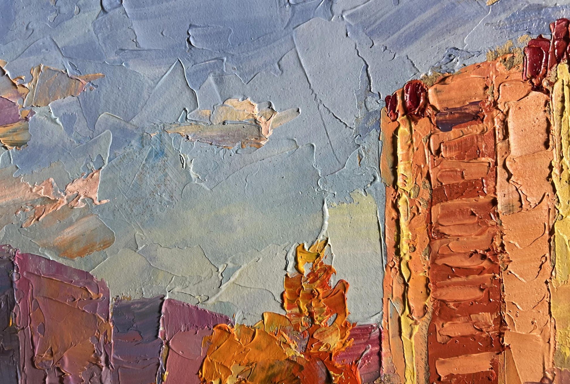 Oil painting Early morning in the city by Boris Serdyuk, impasto urban skyline