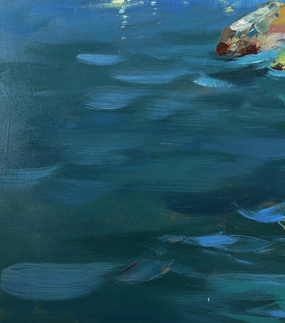 Oil painting of house by the sea by Yuriy Suprunchuk with rippling blue water