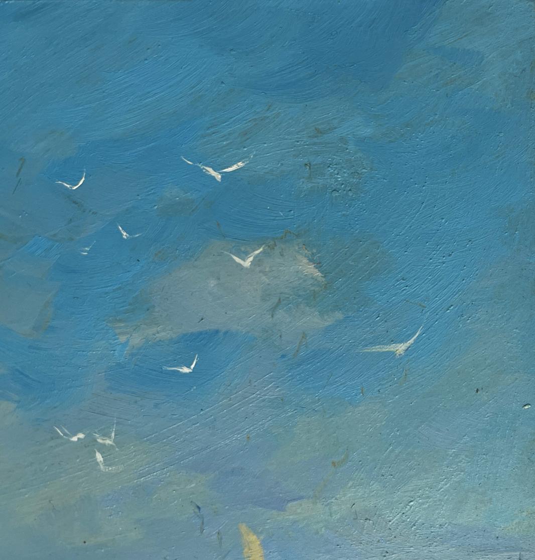 Textured blue oil painting Sea voyage and the sound of birds by Yuriy Suprunchuk with flying seagulls