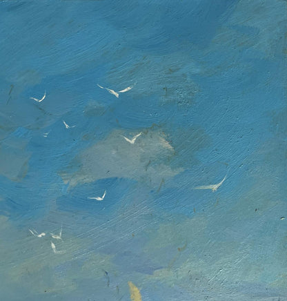 Textured blue oil painting Sea voyage and the sound of birds by Yuriy Suprunchuk with flying seagulls