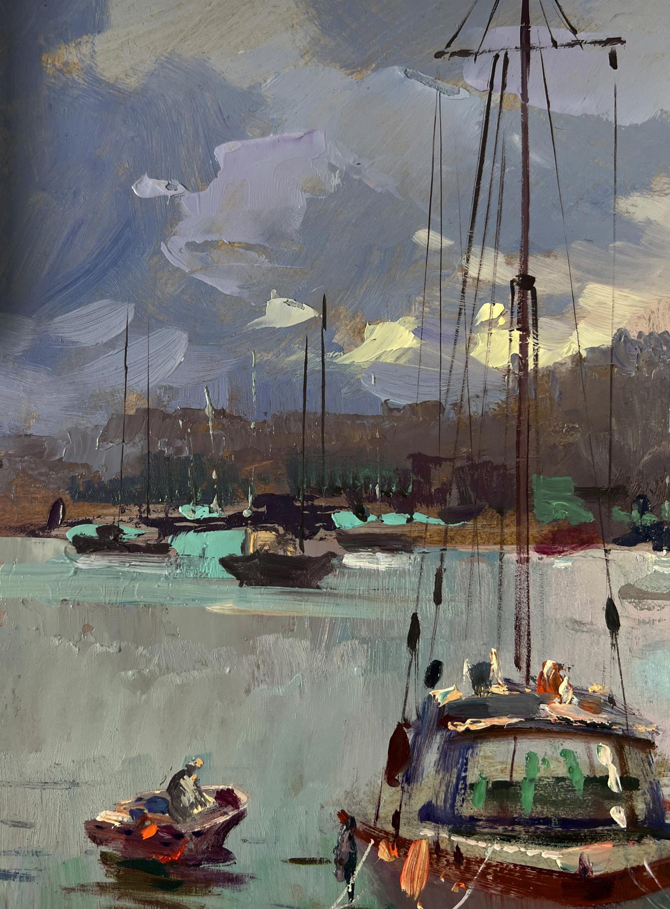 Textured impressionist oil painting of ship preparing to sail in harbor by Yuriy Suprunchuk
