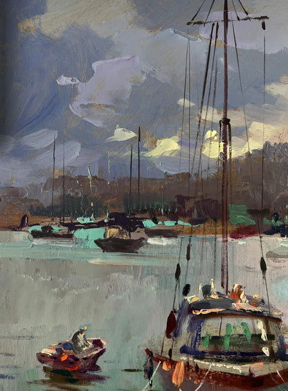 Textured impressionist oil painting of ship preparing to sail in harbor by Yuriy Suprunchuk
