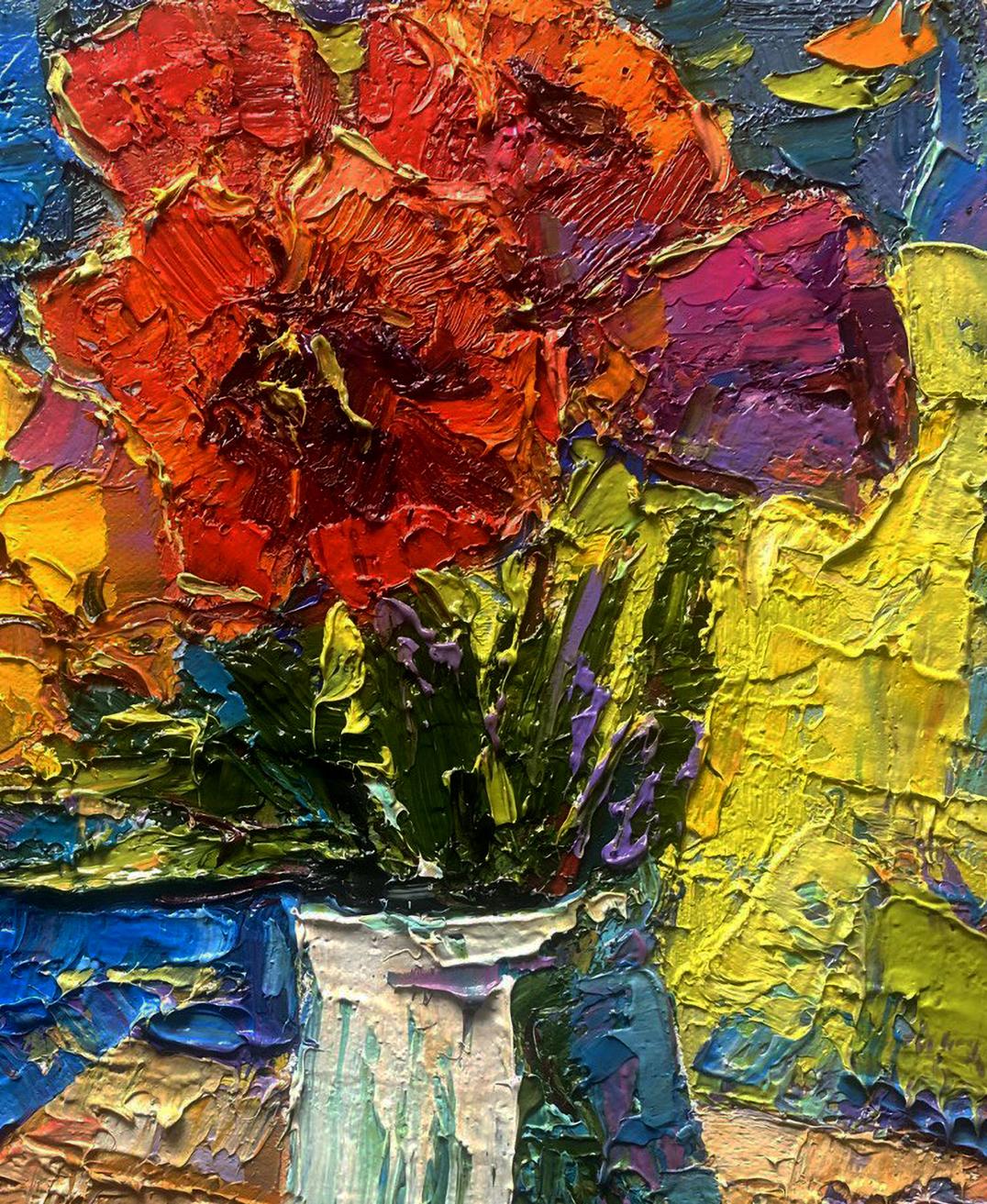 Vibrant red orange poppies in textured white vase by Oksana Ivanyuk