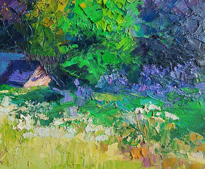 Vibrant impressionist oil painting Summer by Boris Serdyuk with green foliage and purple flowers