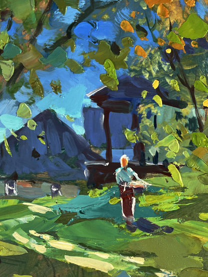 Oil painting Near the village houses by Yuriy Suprunchuk with blonde figure
