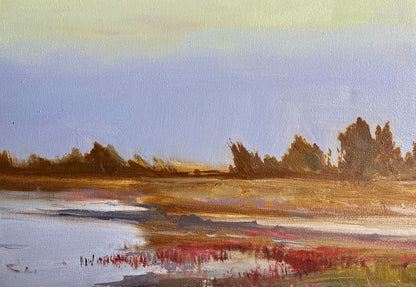 Serene oil painting Evening by the River by Tatyana Derdey marshland scene