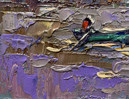 Oil painting The river rose in the village by Oleksiy Ivanyuk, purple gray green abstract