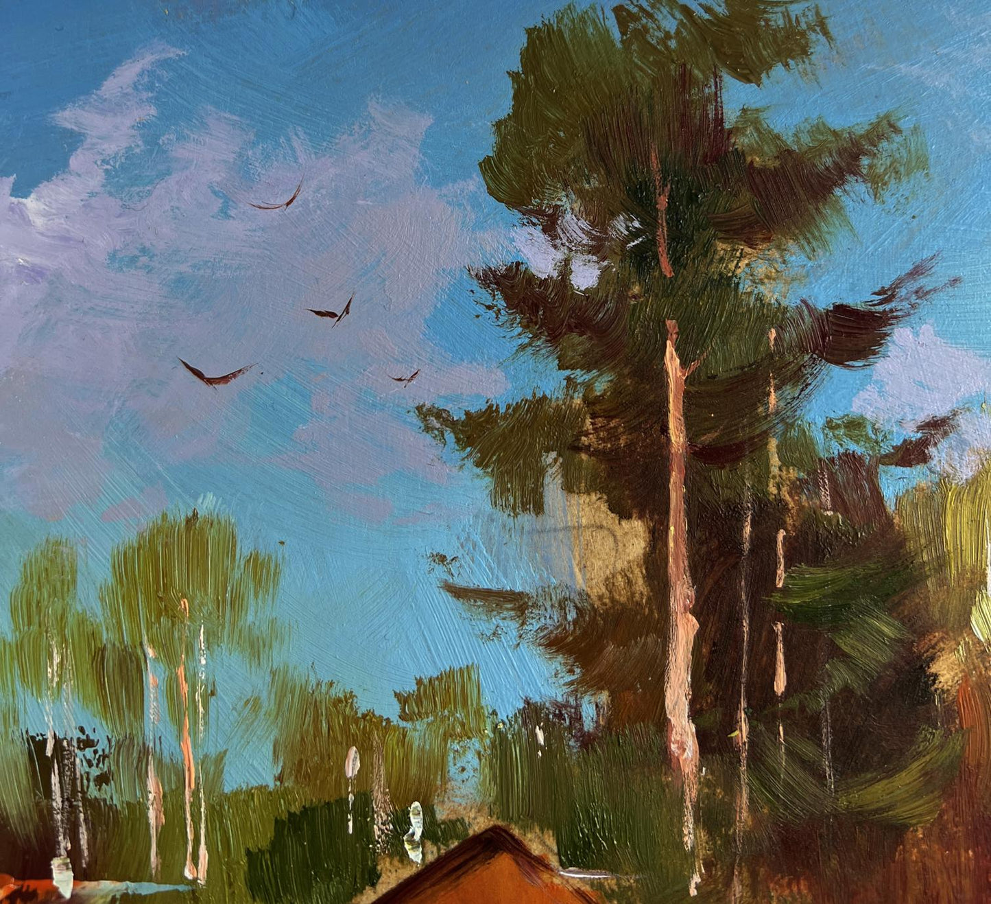 Oil painting of tall green pine tree in winter calm village by Yuriy Suprunchuk