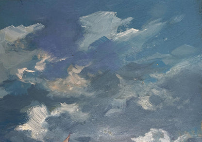 Textured oil painting of sun behind swirling blue clouds by Yuriy Suprunchuk