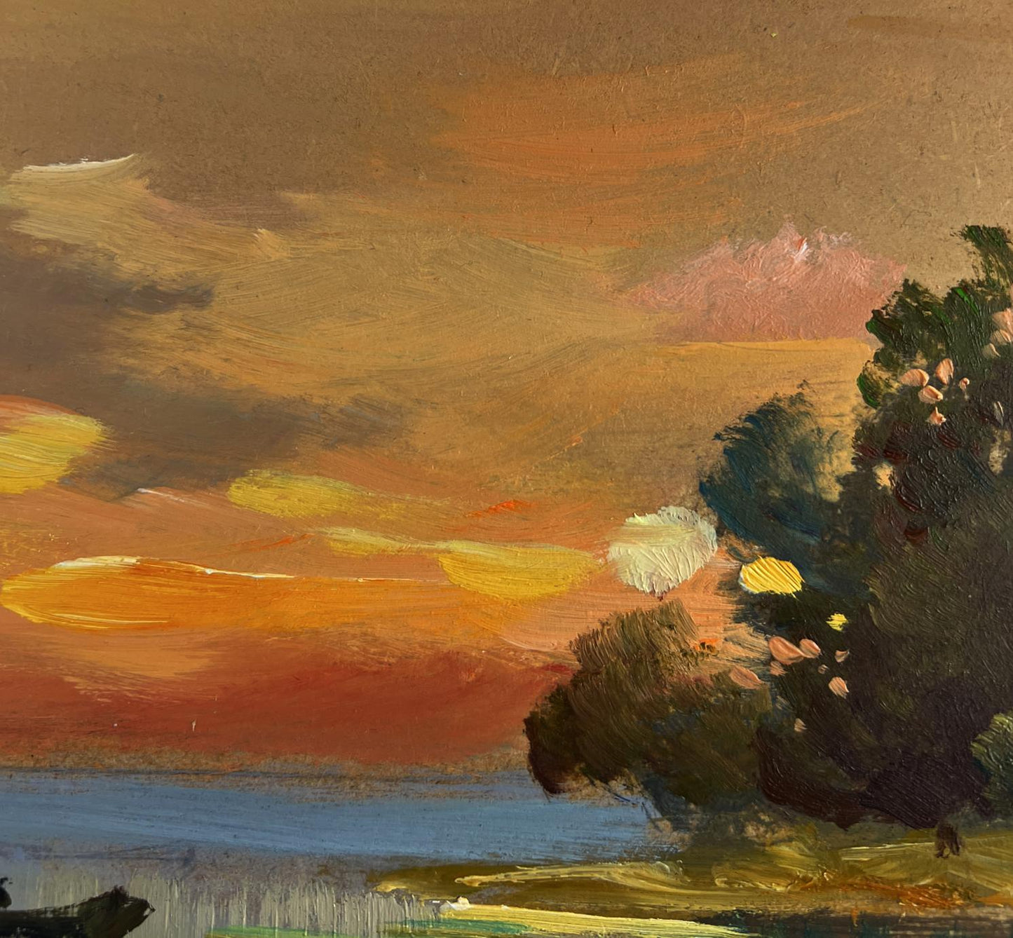Oil painting of orange sunset over river by Yuriy Suprunchuk