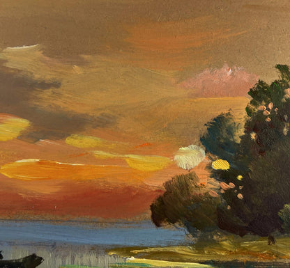 Oil painting of orange sunset over river by Yuriy Suprunchuk