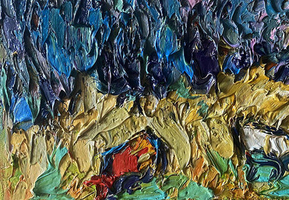 Oil painting In the autumn field by Oleksiy Ivanyuk with bold blue purple brushstrokes