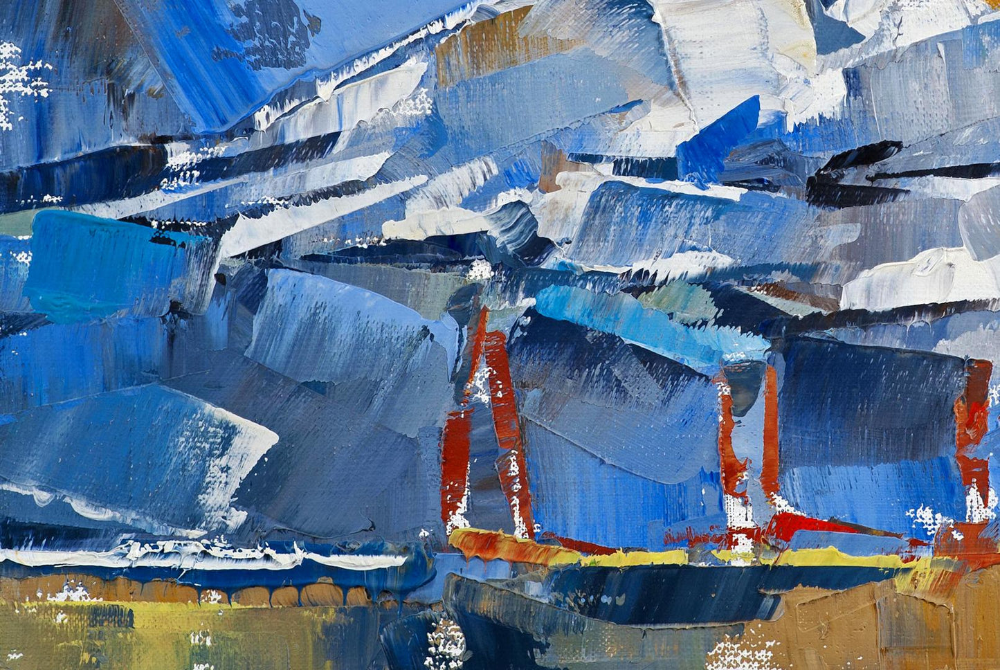 Oil painting Three Little Birds by Volodymyr Gluhomanyuk, bold blue white orange strokes