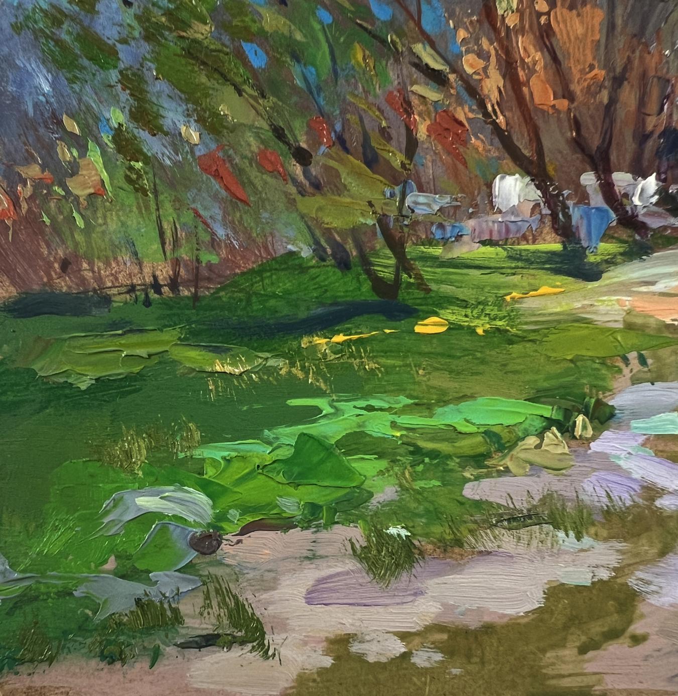 Vibrant impressionist oil painting of sunlit garden house in mountains by Yuriy Suprunchuk