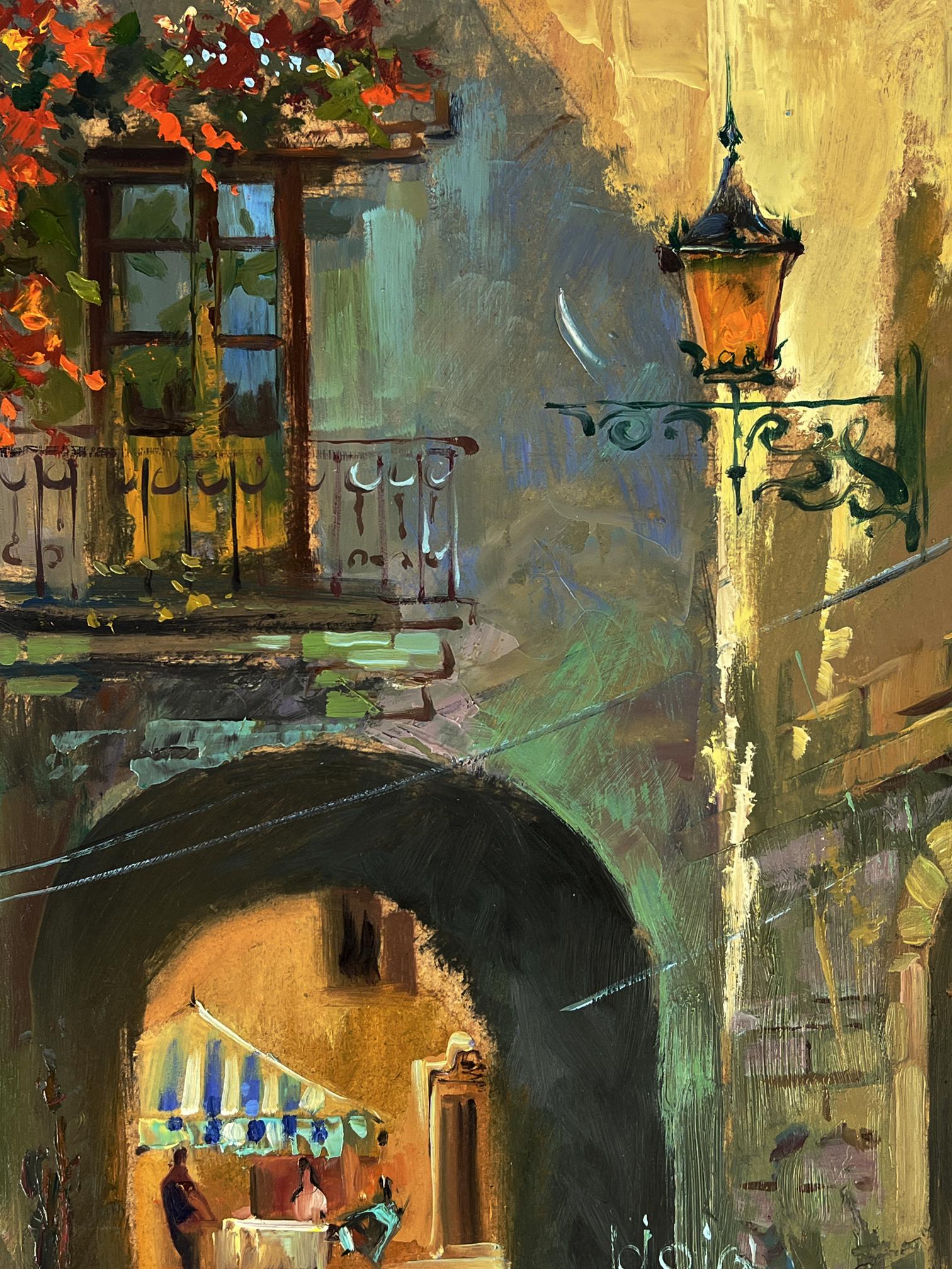 Oil painting of Venice street with vintage brass lantern glowing amber
