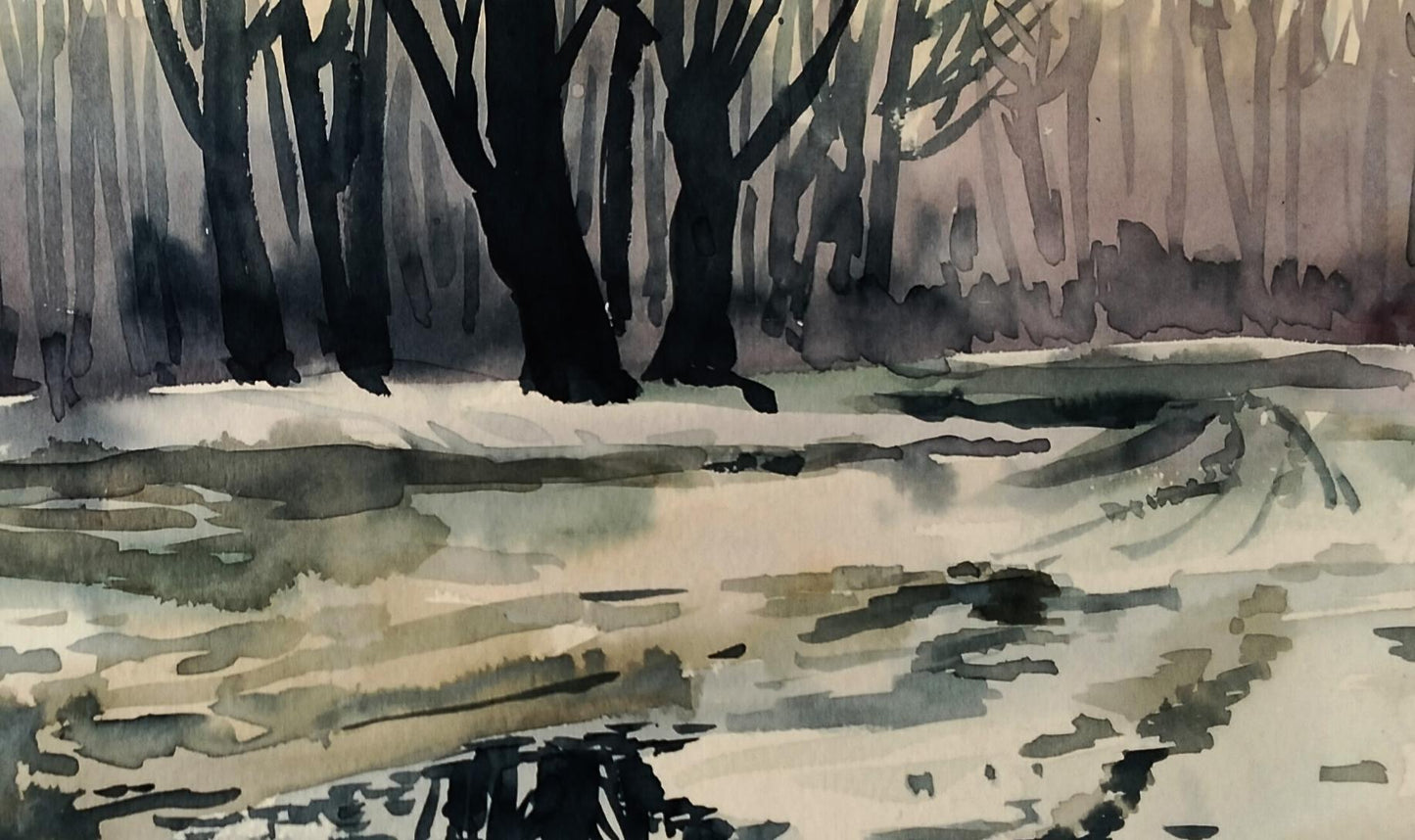Watercolor painting of snowy forest by Vitaly Duhnevich