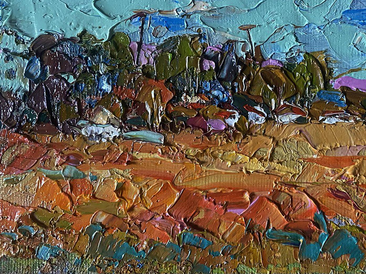 Oil painting Buckwheat stubble by Oleksiy Ivanyuk, vibrant impasto landscape