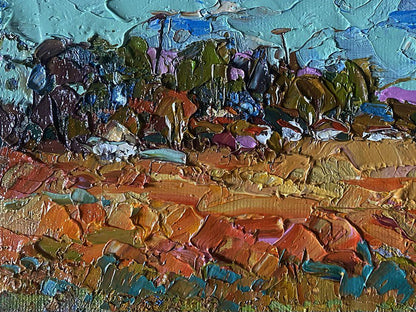 Oil painting Buckwheat stubble by Oleksiy Ivanyuk, vibrant impasto landscape
