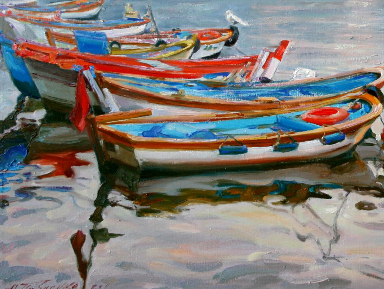 Oil painting of vibrant boats by Leonid Pavlenko in calm water